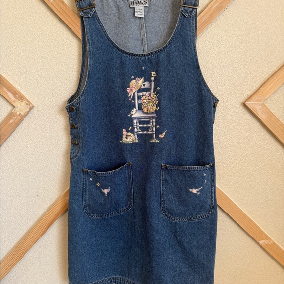 Vintage Denim Jean Midi Overall Chore Dress Women's LARGE Cottage Prairie Birds - Picture 2 of 10